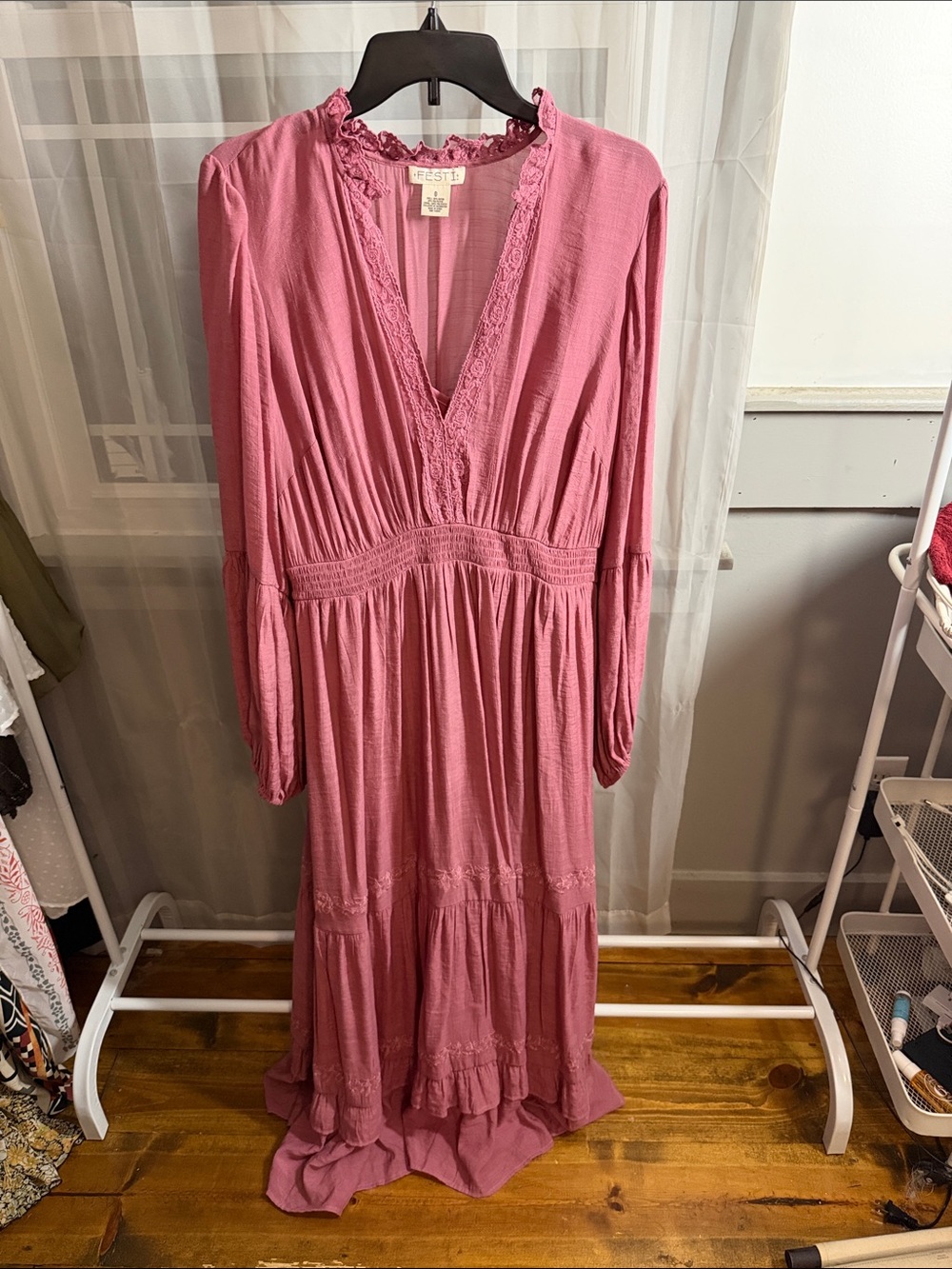torrid Rose Pink Long Sleeve V-Neck Maxi Dress with Lace Trim